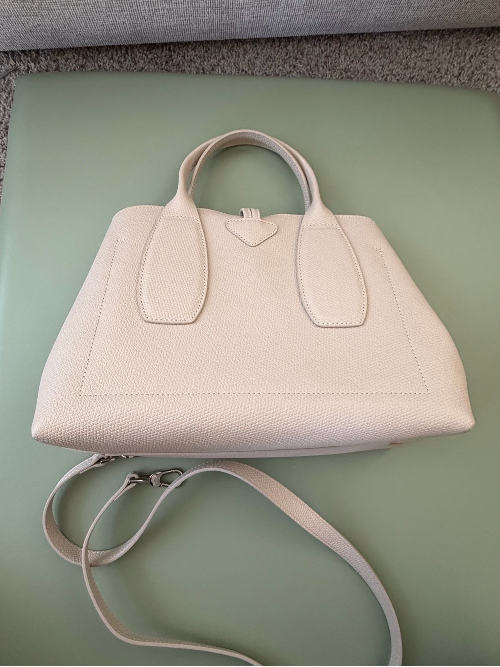 Longchamp Roseau Textured Cream Satchel with Silver Hardware - Picture 2 of 9